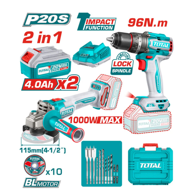 Total TOSLI241298  Cordless Drill & Grinder Kit 96Nm  +4.5" Angle Grinder