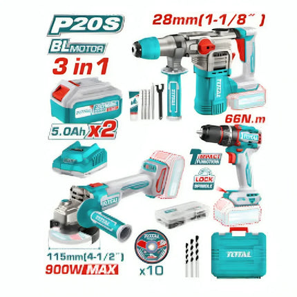 Total TOSLI241183 20V 3-Piece Cordless Tool Kit with 2×5.0Ah Batteries