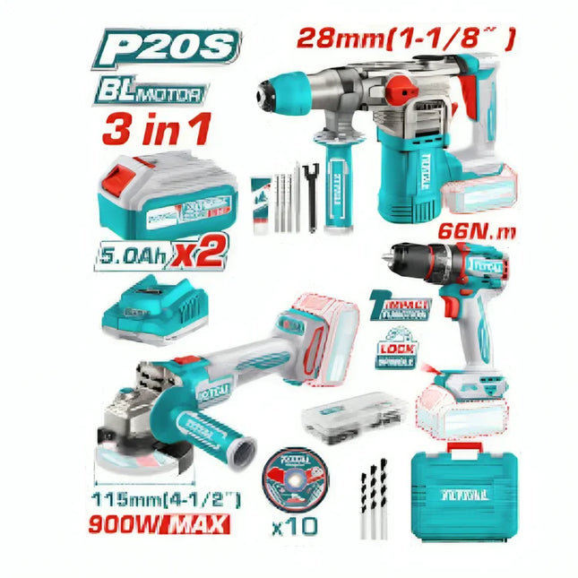 Total TOSLI241183 20V 3-Piece Cordless Tool Kit with 2×5.0Ah Batteries