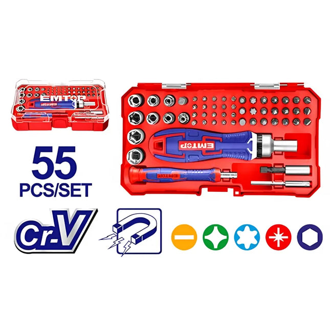 EMTOP EBST05502  Screwdriver Set With 55 Pieces Of Bits