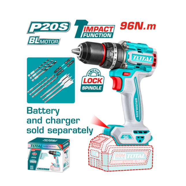 Total TIDLI209681  20V Cordless Impact Drill – 96Nm