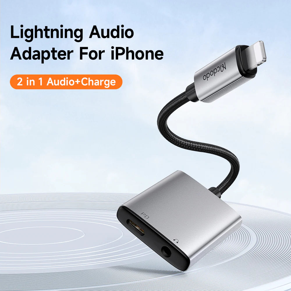 محول 2 في 1 من Mcdodo Lightning إلى 3.5 مم ومحول Lightning Audio CA-5540 محول 2 في 1 من Mcdodo Lightning إلى 3.5 مم ومحول Lightning Audio CA-5540