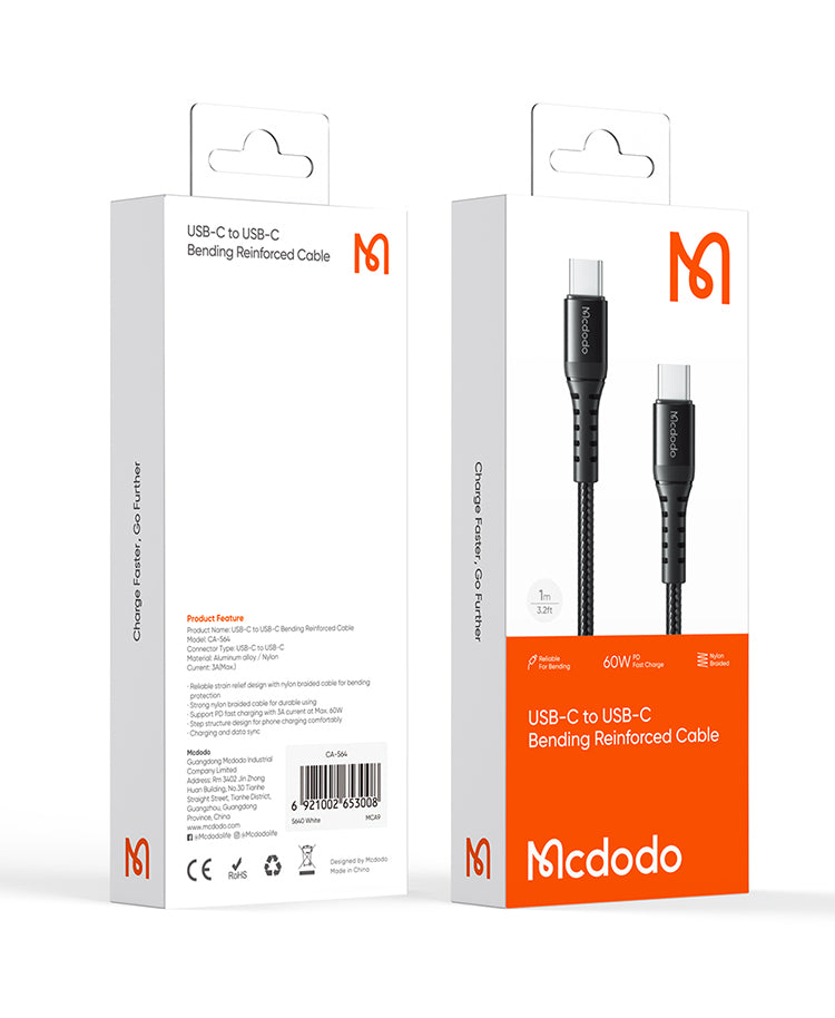 كابل Mcdodo USB-C إلى USB-C 60 واط Bending Reinforced بطول 1 متر CA-5641 كابل Mcdodo USB-C إلى USB-C 60 واط Bending Reinforced بطول 1 متر CA-5641