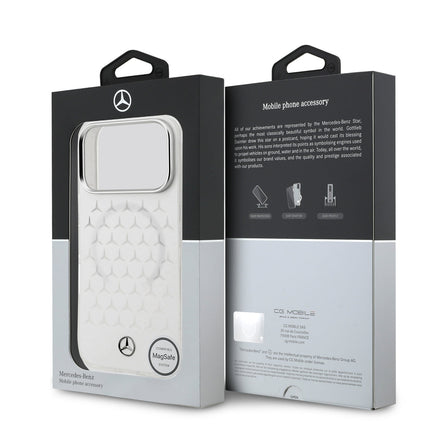 كفر مرسيدس بنز (Mercedes-Benz) ماج سيف مسنفر مع نقشة النجوم الجديدة للايفون 17، 17 برو، و17 برو ماكس - أبيض