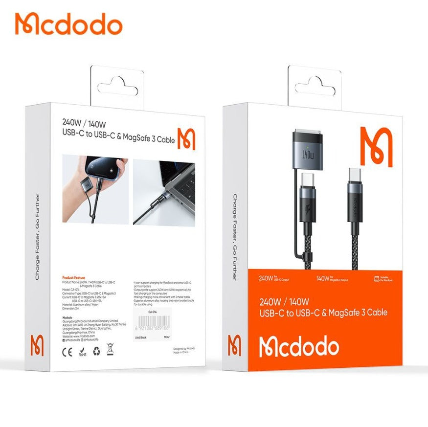 كابل Mcdodo 140 واط USB-C إلى USB-C + MagSafe 3 بطول 2 متر CA-0140 كابل Mcdodo 140 واط USB-C إلى USB-C + MagSafe 3 بطول 2 متر CA-0140