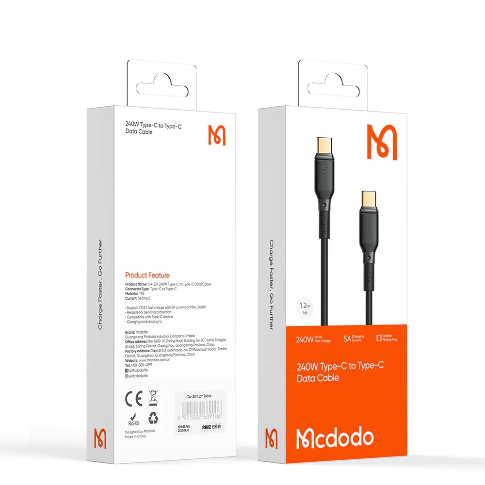 كابل شحن Mcdodo 240 واط من Type-C إلى اType-C بطول 1.2 متر CA-3310 كابل شحن Mcdodo 240 واط من Type-C إلى اType-C بطول 1.2 متر CA-3310