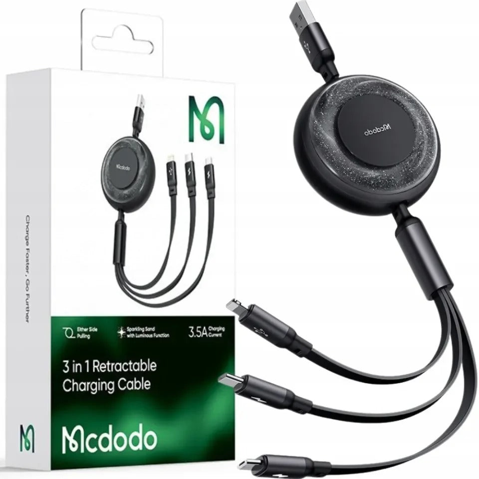 كابل شحن Retractable 3 في 1 من Mcdodo أسود CA-3570 كابل شحن Retractable 3 في 1 من Mcdodo أسود CA-3570