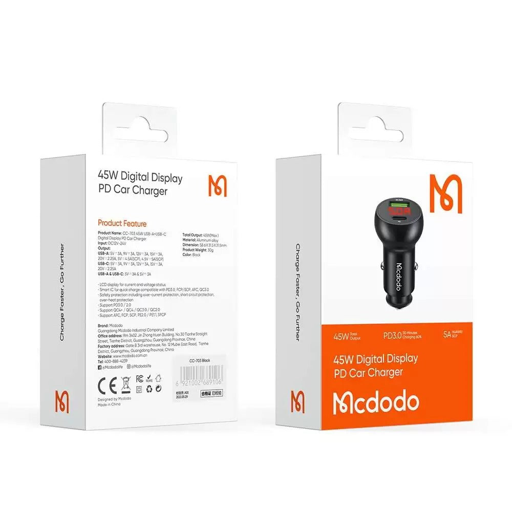 شاحن سيارة Mcdodo 45 واط بشاشة رقمية PD CC-7030 شاحن سيارة Mcdodo 45 واط بشاشة رقمية PD CC-7030