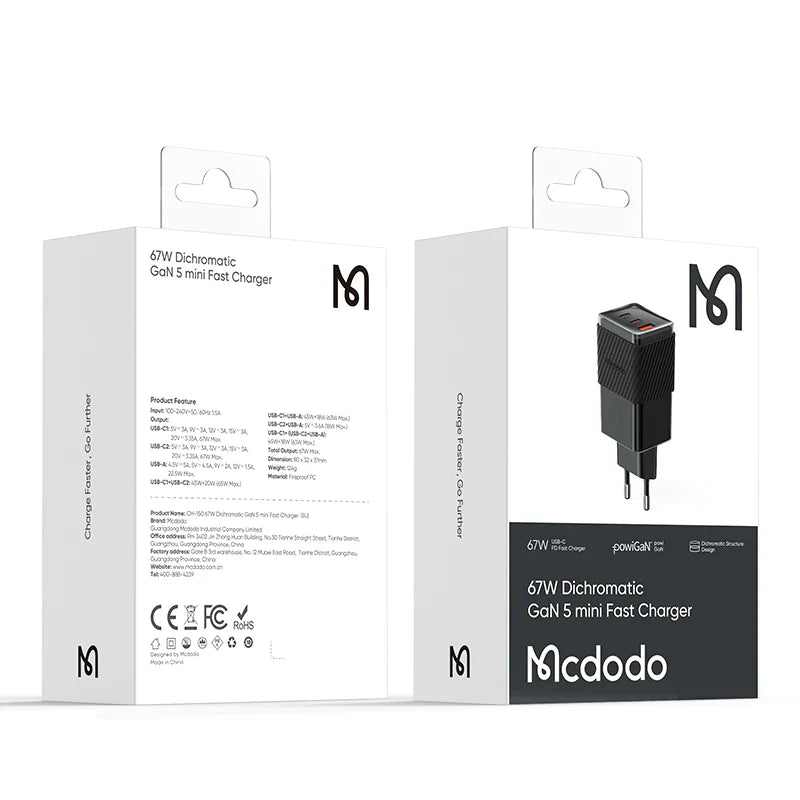 شاحن Mcdodo 67 واط Dichromatic GaN 5 Mini Fast CH-1501 شاحن Mcdodo 67 واط Dichromatic GaN 5 Mini Fast CH-1501