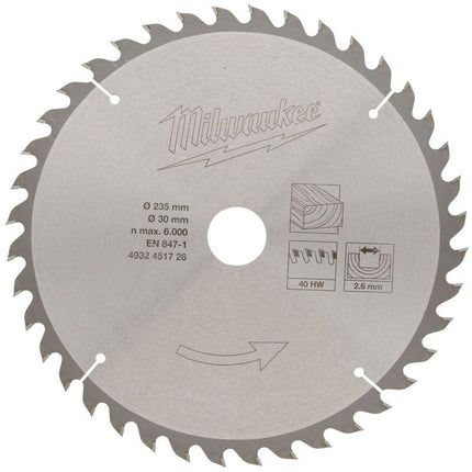 شفرة منشار دائرية للخشب من Milwaukee مقاس 235 مم × 30 مم × 40T
