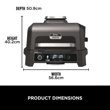 Ninja Woodfire grill with dimensions labeled on a white background