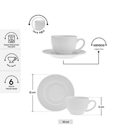 Karaca Lisa 12-Piece Porcelain Turkish Coffee Cup Set 90 ml (Service for 6)