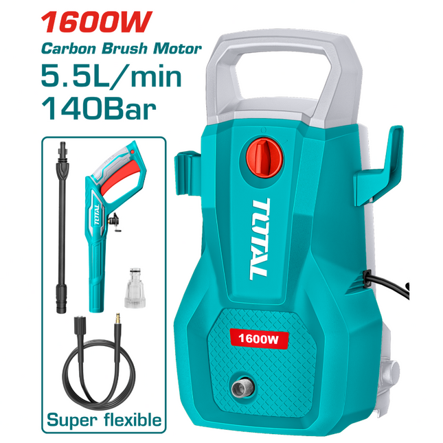 TOTAL 1600W High Pressure Washer 140Bar with Auto Stop System & Spray Gun Kit