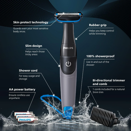 Philips Series 1000 Showerproof Body Groomer & Trimmer, Black/Cyan (BG1025/15)