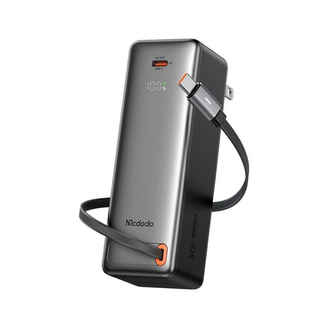 Mcdodo MC-3181 3-in-1 10000mAh 30W Wall Charger & Power Bank with Retractable USB-C Cable & LED Display, Black
