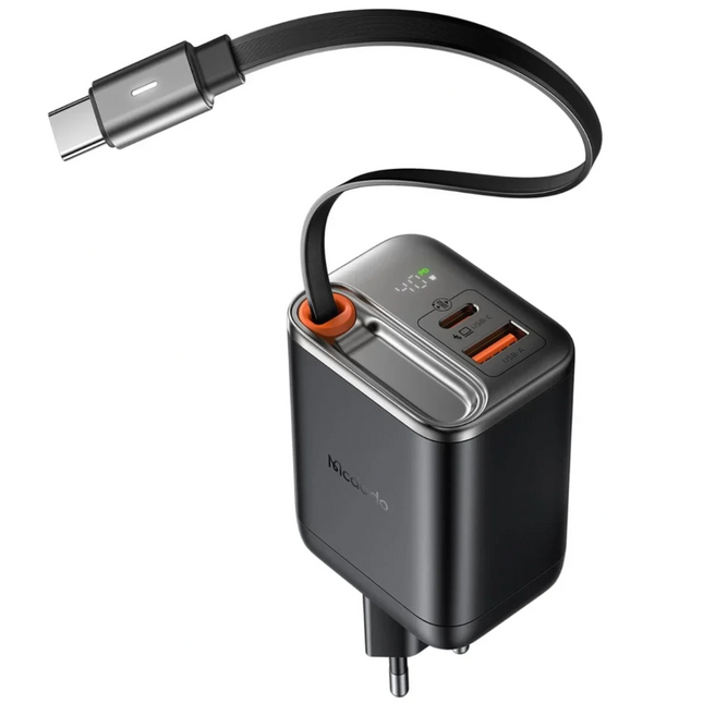 Mcdodo CH-4100 67W GaN Fast Wall Charger with Retractable USB-C Cable (EU Plug), Black