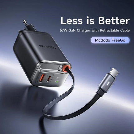 Mcdodo CH-4100 67W GaN Fast Wall Charger with Retractable USB-C Cable (EU Plug), Black