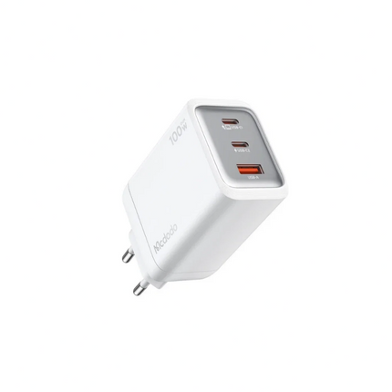 شاحن جداري ميني سريع بقدرة 100 واط تقنية GaN بـ 3 منافذ (USB-C x2 + USB-A) بفيش أوروبي مك دودو (Mcdodo CH-0120) - أبيض