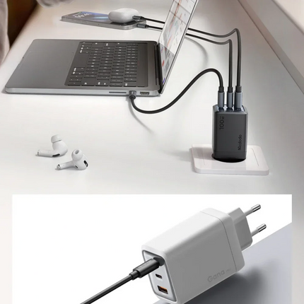 شاحن جداري ميني سريع بقدرة 100 واط تقنية GaN بـ 3 منافذ (USB-C x2 + USB-A) بفيش أوروبي مك دودو (Mcdodo CH-0120) - أبيض