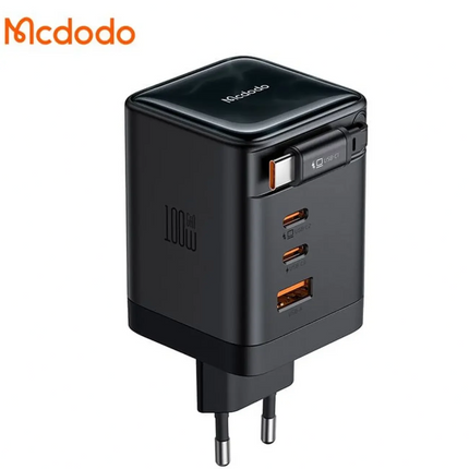 Mcdodo CH-8470 100W GaN 4-Port Fast Wall Charger with Built-in 65cm Retractable USB-C Cable (Black)