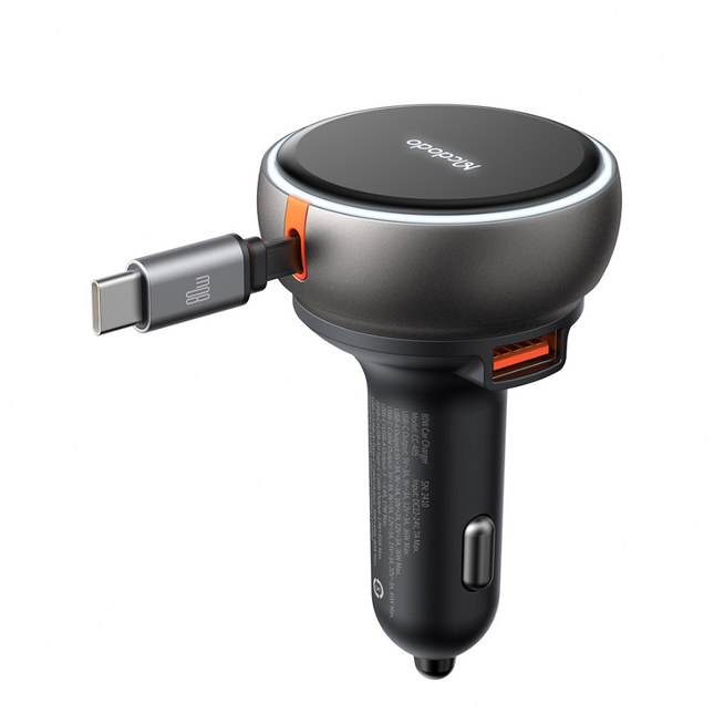 Mcdodo CC-4850 80W 3-Port Fast Car Charger with Built-In 80cm Retractable USB-C Cable (Black)
