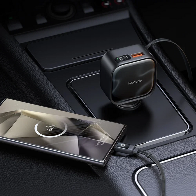 Mcdodo CC-8670 FreeGo Pro 93W 3-Outlet Car Charger with 80cm Retractable Type-C Cable & LED Display (Black)