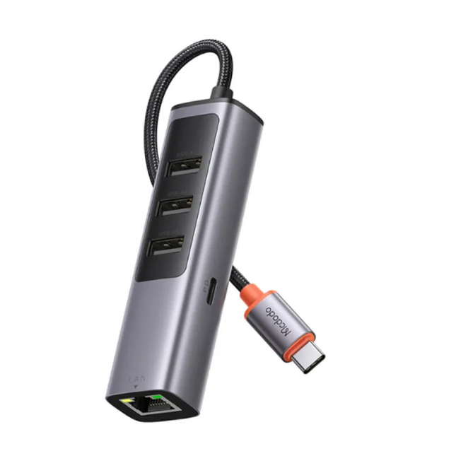 Mcdodo HU-1110 5-in-1 Type-C Hub with 100W PD, 3 x USB-A & RJ45 Gigabit LAN Port (Metallic Gray)