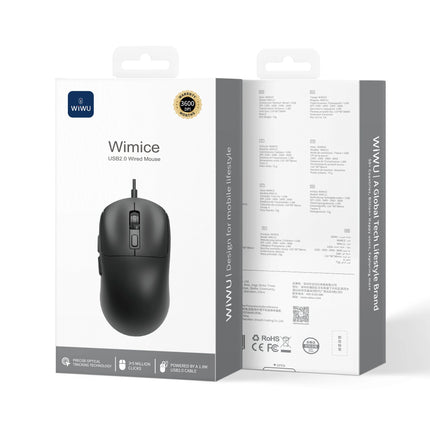WiWU MW111 USB 2.0 Wired Office Mouse - 1200 DPI Optical Sensor - Silent Click Buttons - Ergonomic Design - 1.5m Durable Cable - Black