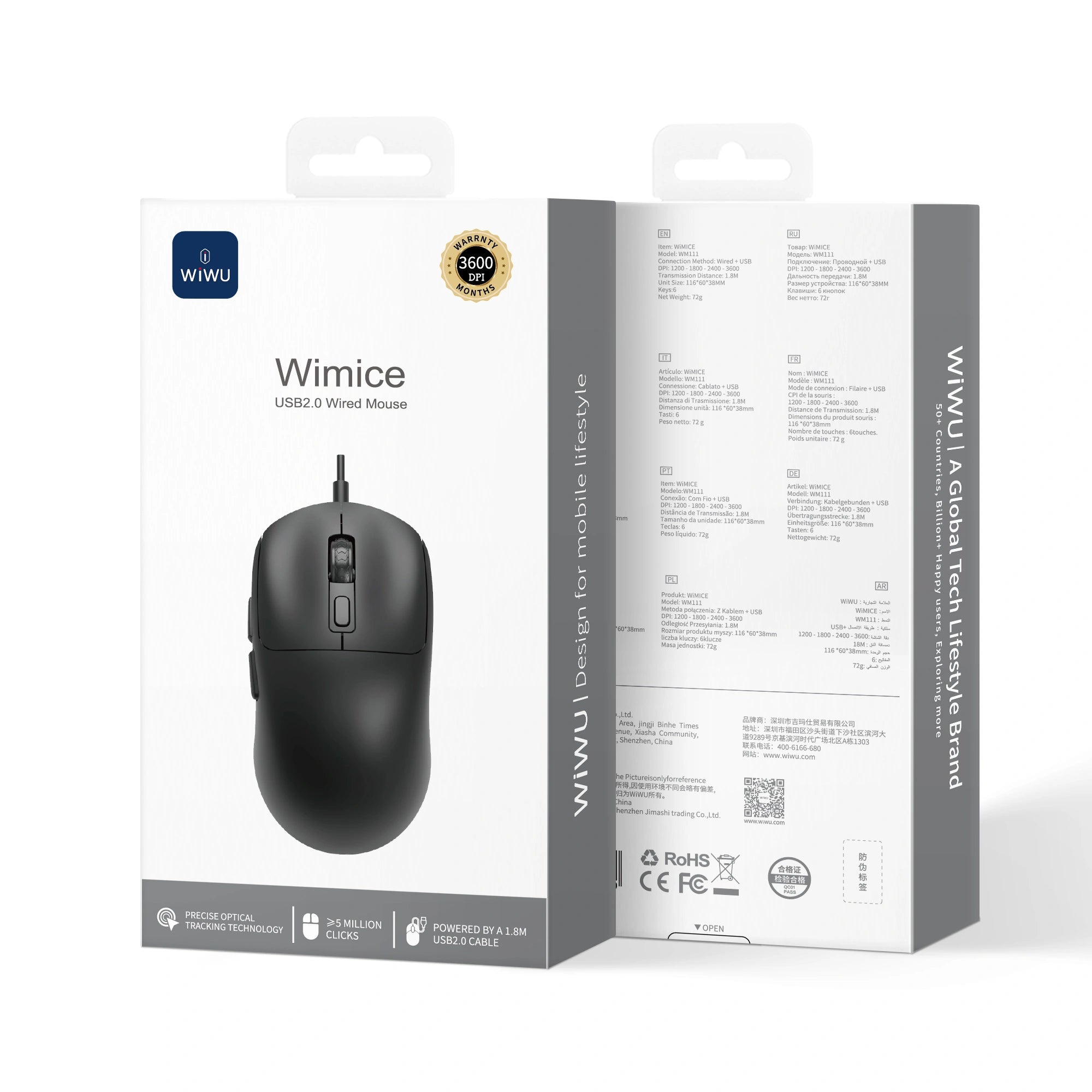 WiWU MW111 USB 2.0 Wired Office Mouse - 1200 DPI Optical Sensor - Silent Click Buttons - Ergonomic Design - 1.5m Durable Cable - Black WiWU MW111 USB 2.0 Wired Office Mouse - 1200 DPI Optical Sensor - Silent Click Buttons - Ergonomic Design - 1.5m Durable Cable - Black