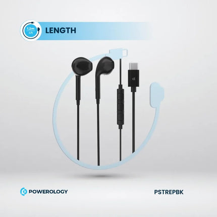سماعة باورولوجي (Powerology) ستيريو بمنفذ Type-C (طول 1.2 متر) - أسود وأبيض