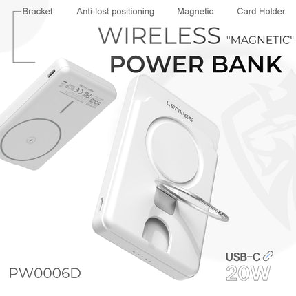 بنك طاقة (باور بانك) لينييس (Lenyes) موديل PW006D شحن لاسلكي مغناطيسي - سعة 5000 مللي أمبير - شحن MagSafe لاسلكي 15 واط - شحن سريع PD 20W - تصميم فائق المدمج - لون أبيض