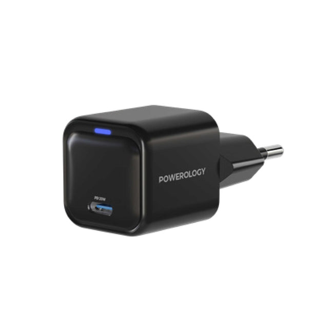 Powerology Ultra-Compact 20W GaN Charger - Single USB-C PD Port with EU Plug - Black