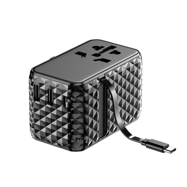 Powerology 65W GaN Universal Travel Adapter with Built-in Retractable USB-C Cable