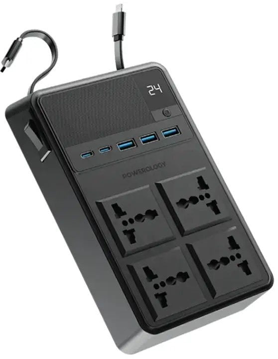 Powerology 2500W 4 AC Power Strip with Built-in Retractable Cables - Black