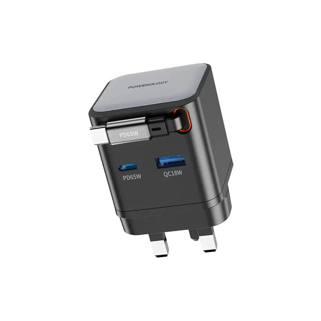 Powerology Retractable Dual Port GaN Charger 35W with Built-in USB-C and Lightning Cables