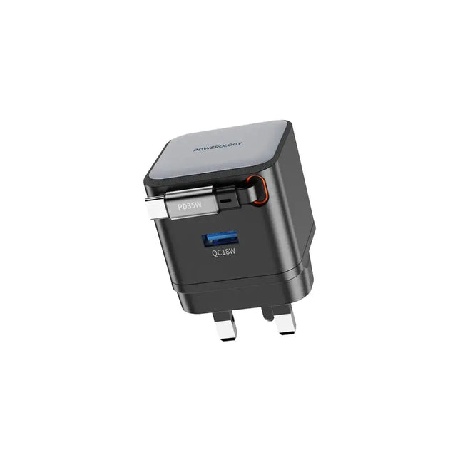 Powerology Retractable Single Port GaN Charger 30W with Built-in USB-C Cable