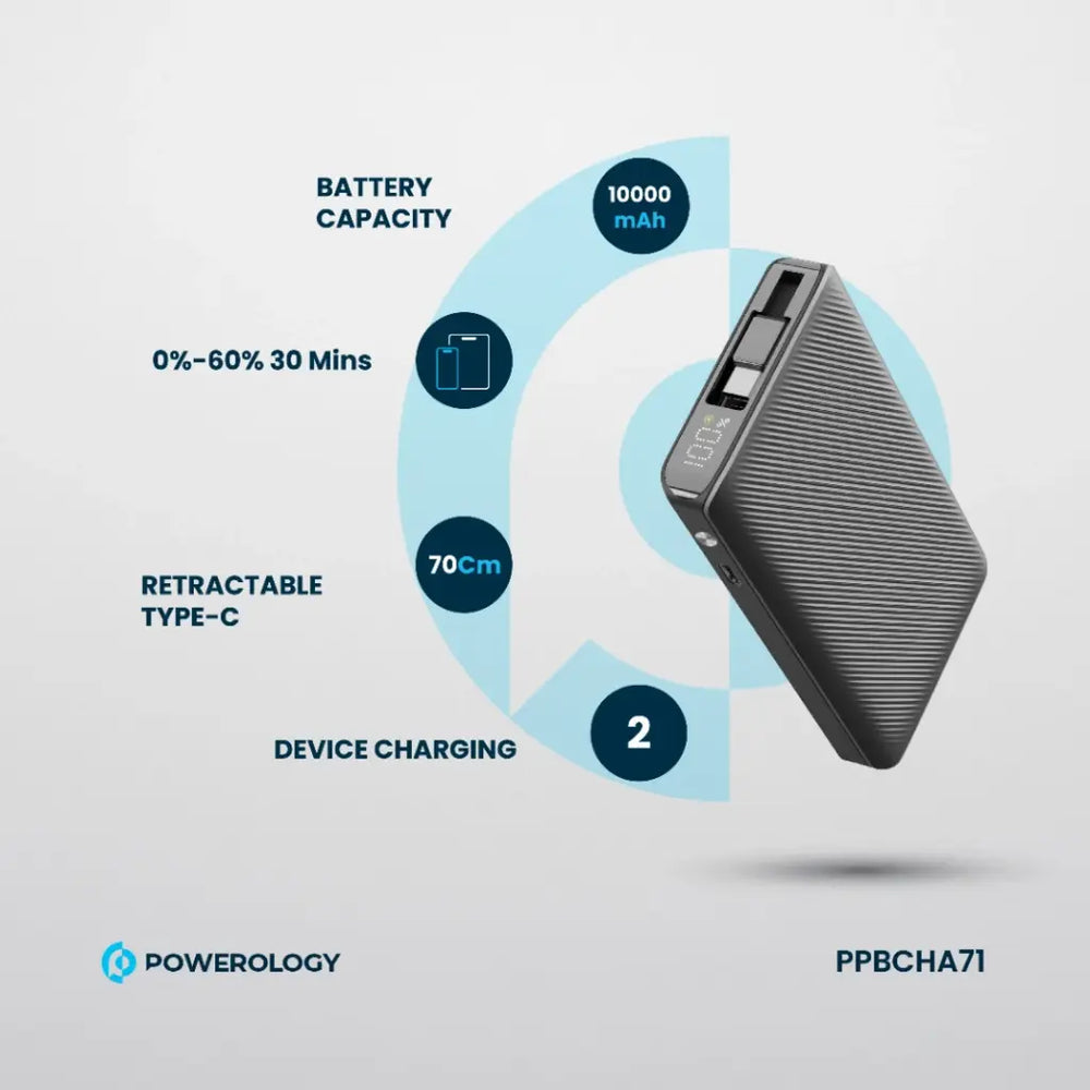 باور بانك باورولوجي (Powerology) سعة 10000 مللي أمبير مع كابلات مدمجة قابلة للسحب وشحن سريع 22.5 واط باور بانك باورولوجي (Powerology) سعة 10000 مللي أمبير مع كابلات مدمجة قابلة للسحب وشحن سريع 22.5 واط