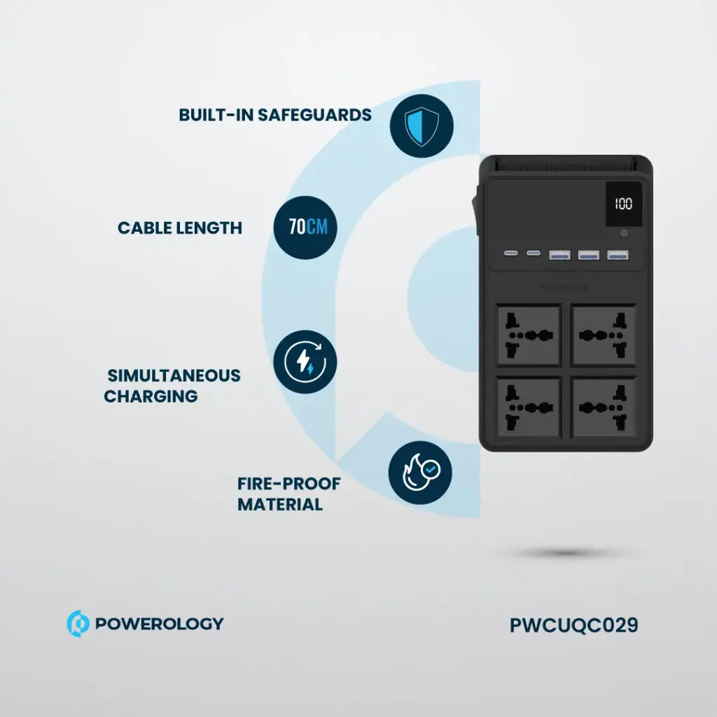 توصيلة كهرباء باورولوجي (Powerology) بقدرة 2500 واط مع 4 منافذ AC وكابلات مدمجة قابلة للسحب توصيلة كهرباء باورولوجي (Powerology) بقدرة 2500 واط مع 4 منافذ AC وكابلات مدمجة قابلة للسحب