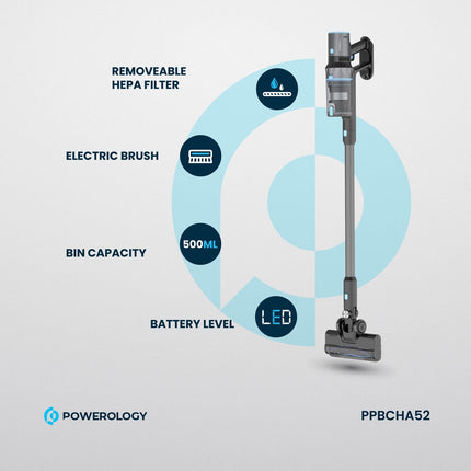 Powerology Cordless Stick Vacuum Cleaner - High Suction & Lightweight Design - Black