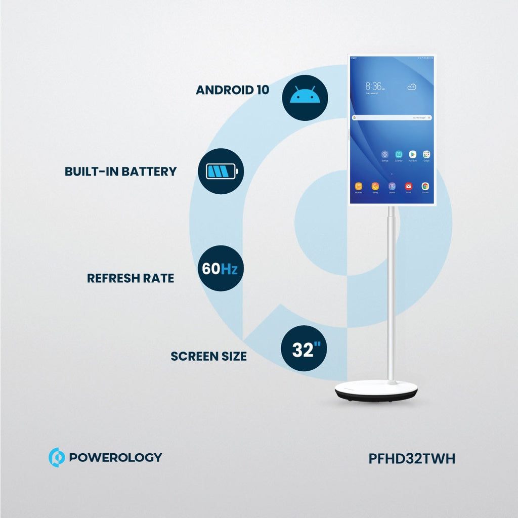 Powerology FHD Android 32″ Tablet with Stand — Smart Display Tablet with Battery