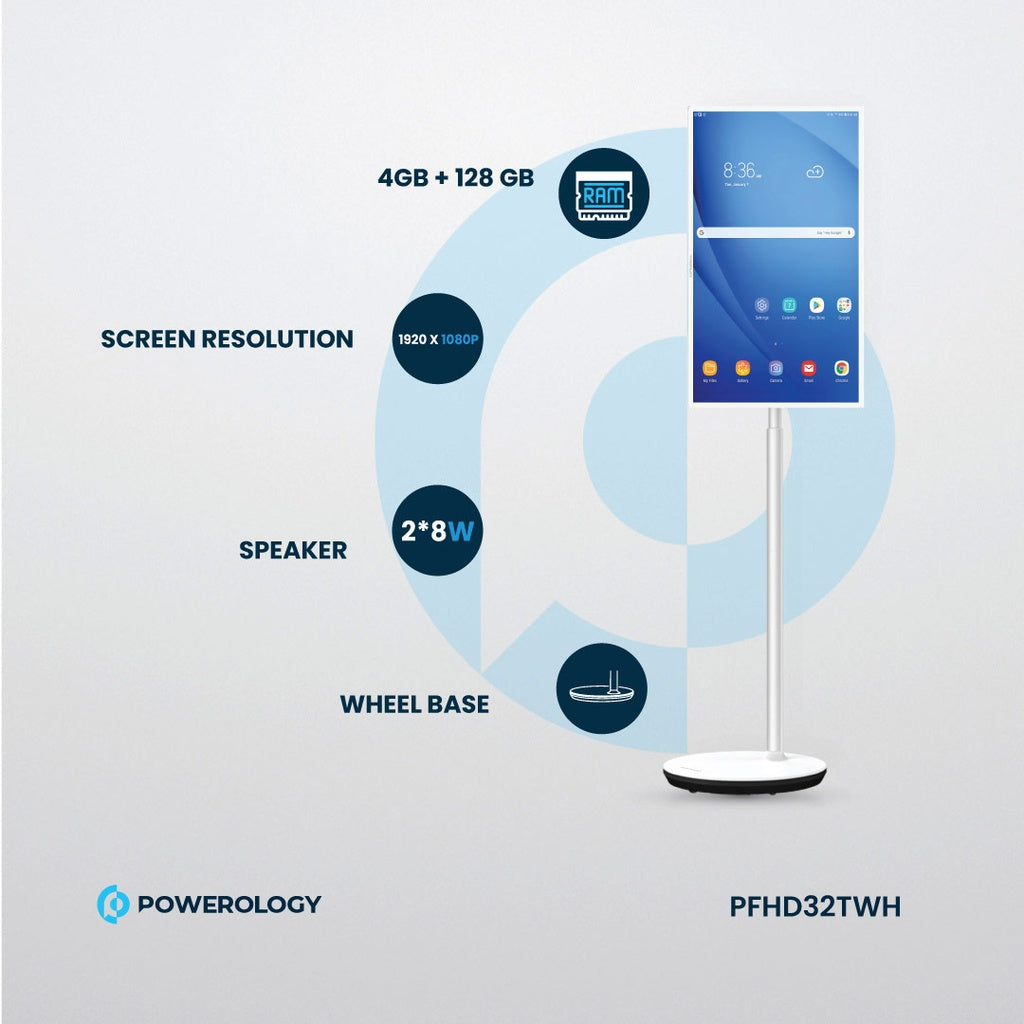 Powerology FHD Android 32″ Tablet with Stand — Smart Display Tablet with Battery