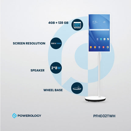 Powerology FHD Android 32″ Tablet with Stand — Smart Display Tablet with Battery