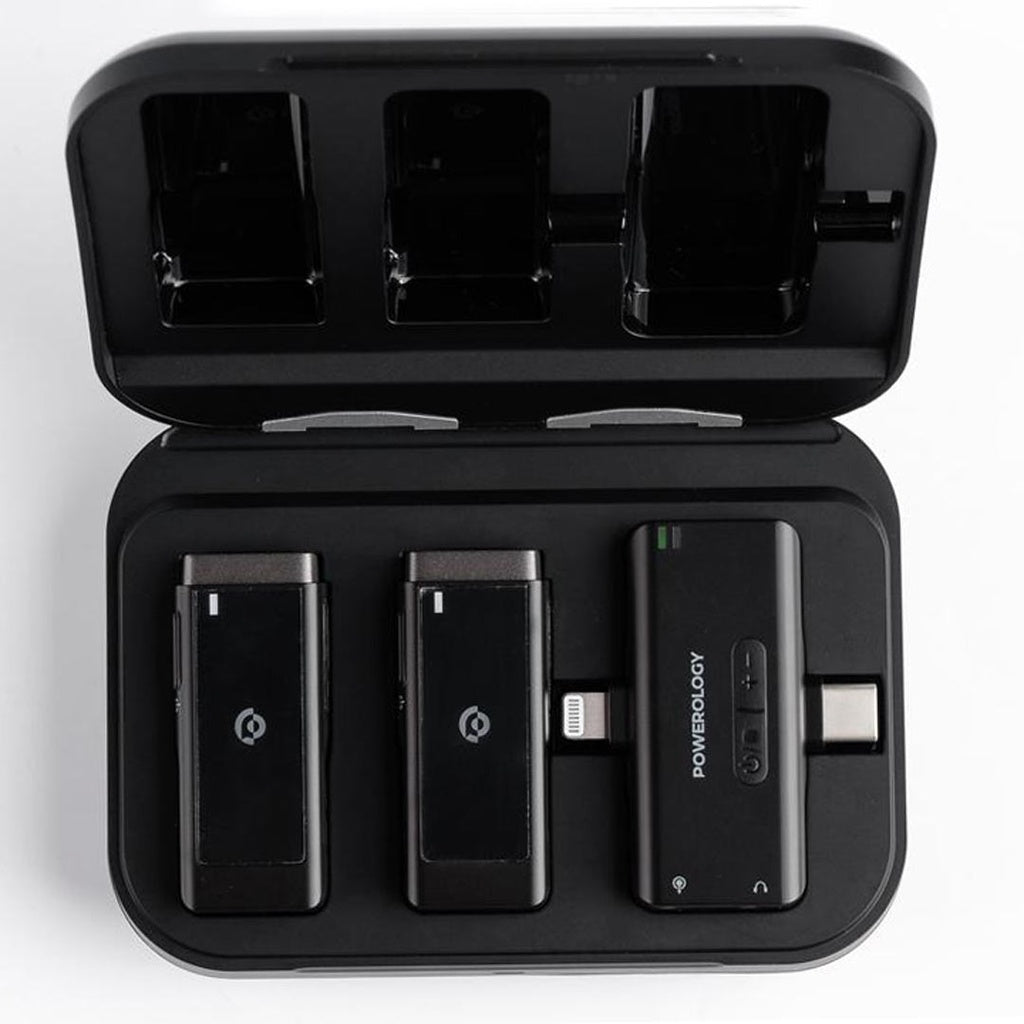 Powerology MFi Dual Connector Wireless Lavalier Microphone (Set of 2) - 2000mAh Case - Black