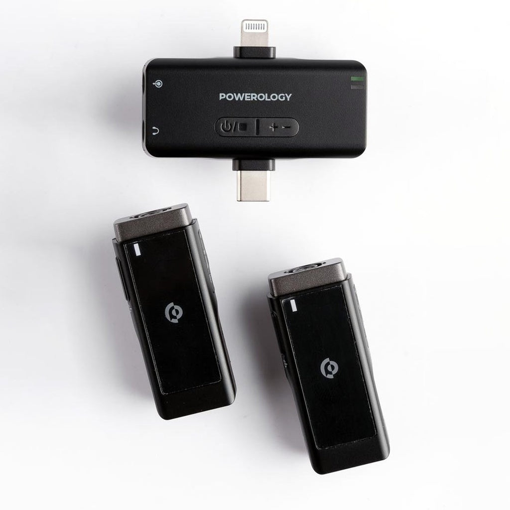 مجموعة ميكروفونات باورولوجي (Powerology) اللاسلكية المزدوجة (قطعتين) - علبة شحن 2000mAh - أسود مجموعة ميكروفونات باورولوجي (Powerology) اللاسلكية المزدوجة (قطعتين) - علبة شحن 2000mAh - أسود
