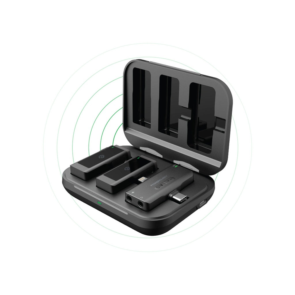 مجموعة ميكروفونات باورولوجي (Powerology) اللاسلكية المزدوجة (قطعتين) - علبة شحن 2000mAh - أسود مجموعة ميكروفونات باورولوجي (Powerology) اللاسلكية المزدوجة (قطعتين) - علبة شحن 2000mAh - أسود