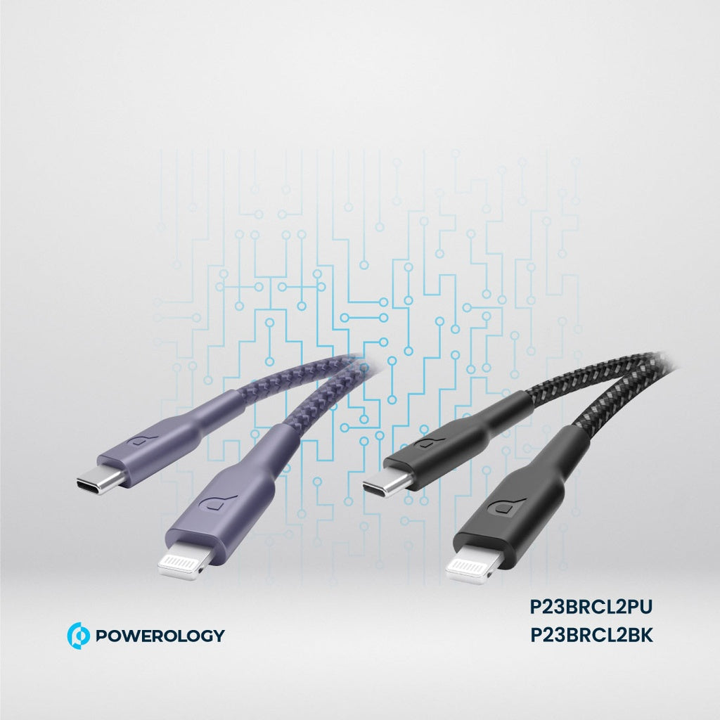 كابل باورولوجي (Powerology) المجدول من USB-C إلى Lightning بقوة 60 واط - بطول 2 متر شحن سريع ومتين