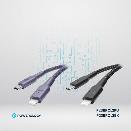 Powerology Braided USB-C to Lightning PD Cable 60W - 2m Long Durable Fast Charging Cable