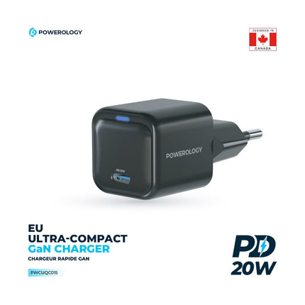 Powerology Ultra-Compact 20W GaN Charger - Single USB-C PD Port with EU Plug - Black