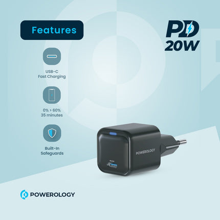 Powerology Ultra-Compact 20W GaN Charger - Single USB-C PD Port with EU Plug - Black