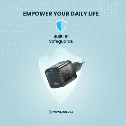 Powerology Ultra-Compact 20W GaN Charger - Single USB-C PD Port with EU Plug - Black